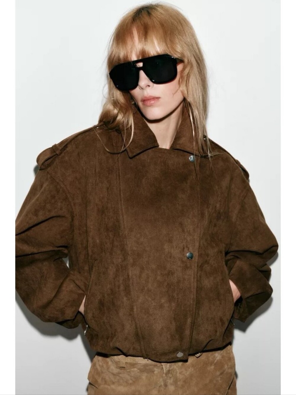 Zara Oversized Brown Faux Suede Biker Bomber Jacket Sz-XL